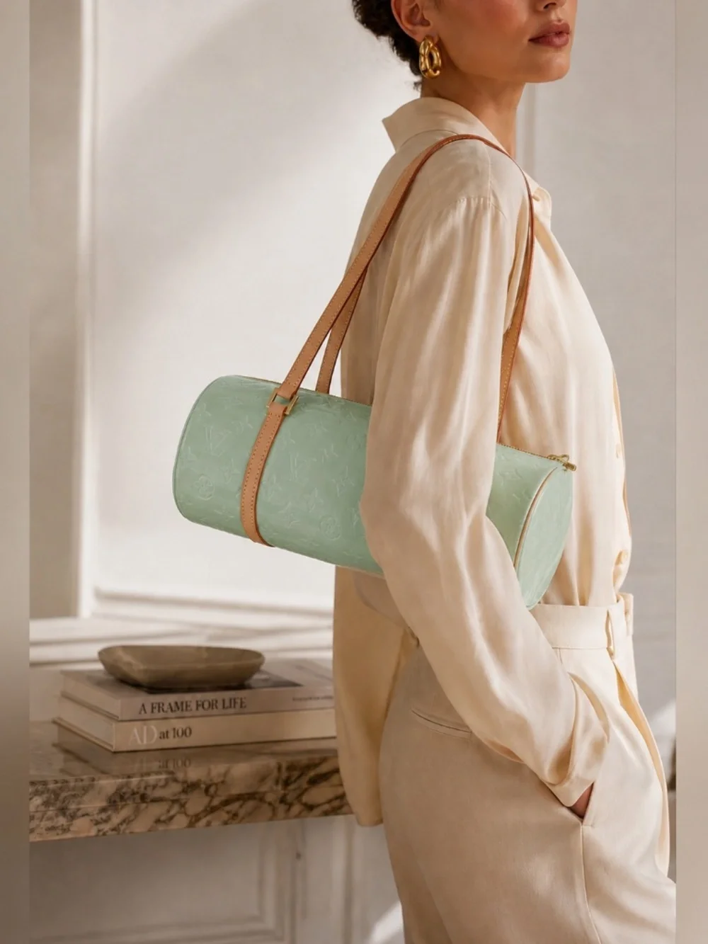 Vintage Y2K Mint Patent Leather Barrel Satchel Bag